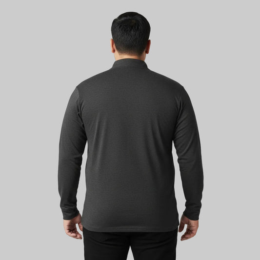 Charcoal long sleeve zip polo shirt for men with smart collar and zip placket front view laid flat.