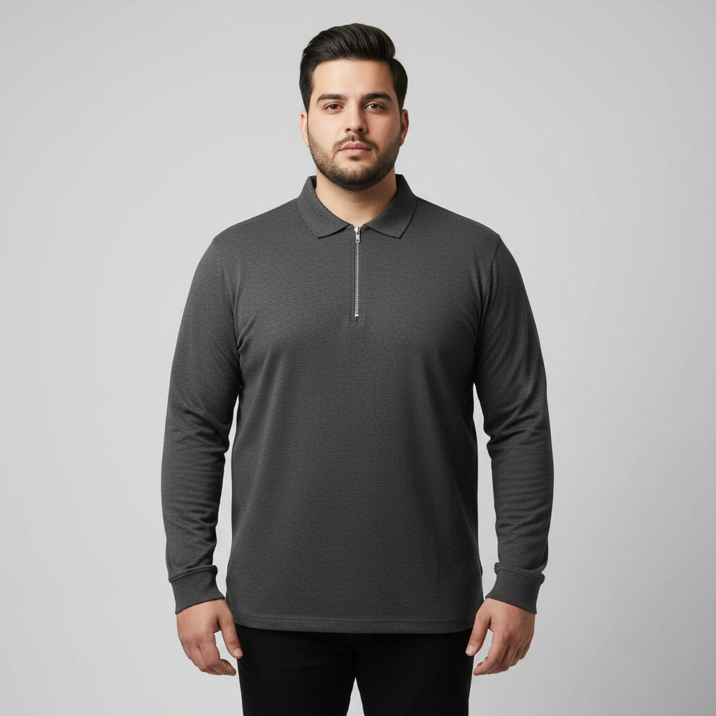 Charcoal long sleeve zip polo shirt for men with smart collar and zip placket front view laid flat.