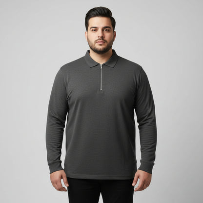 Charcoal long sleeve zip polo shirt for men with smart collar and zip placket front view laid flat.