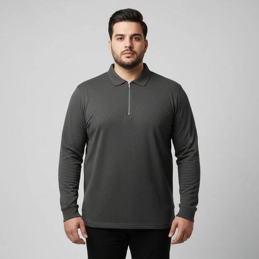 Charcoal long sleeve zip polo shirt for men with smart collar and zip placket front view laid flat.