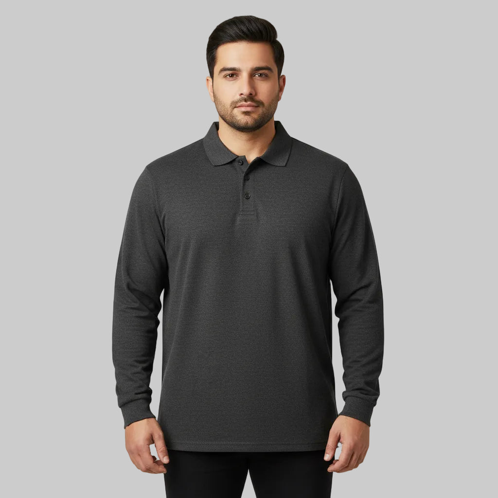 Charcoal marl long sleeve polo shirt with classic collar front view