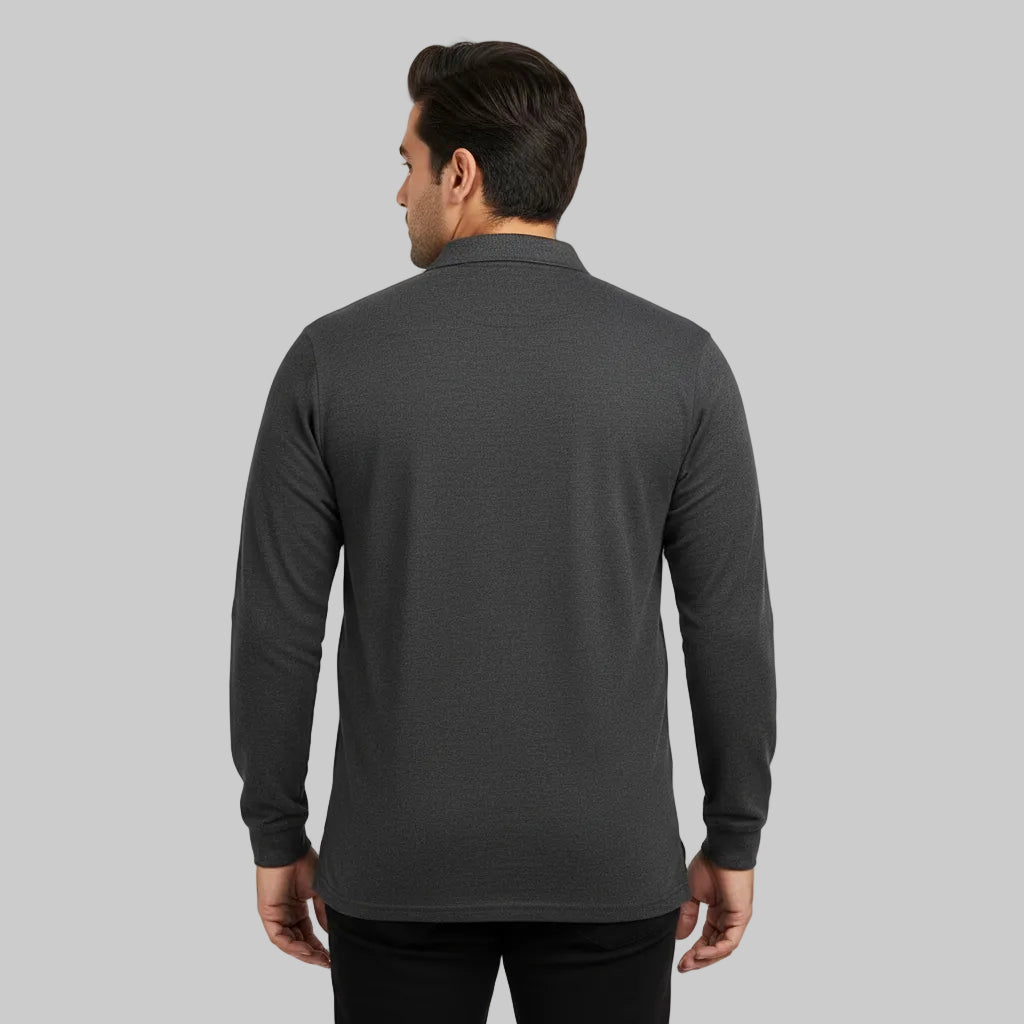 Charcoal marl long sleeve polo shirt with classic collar front view