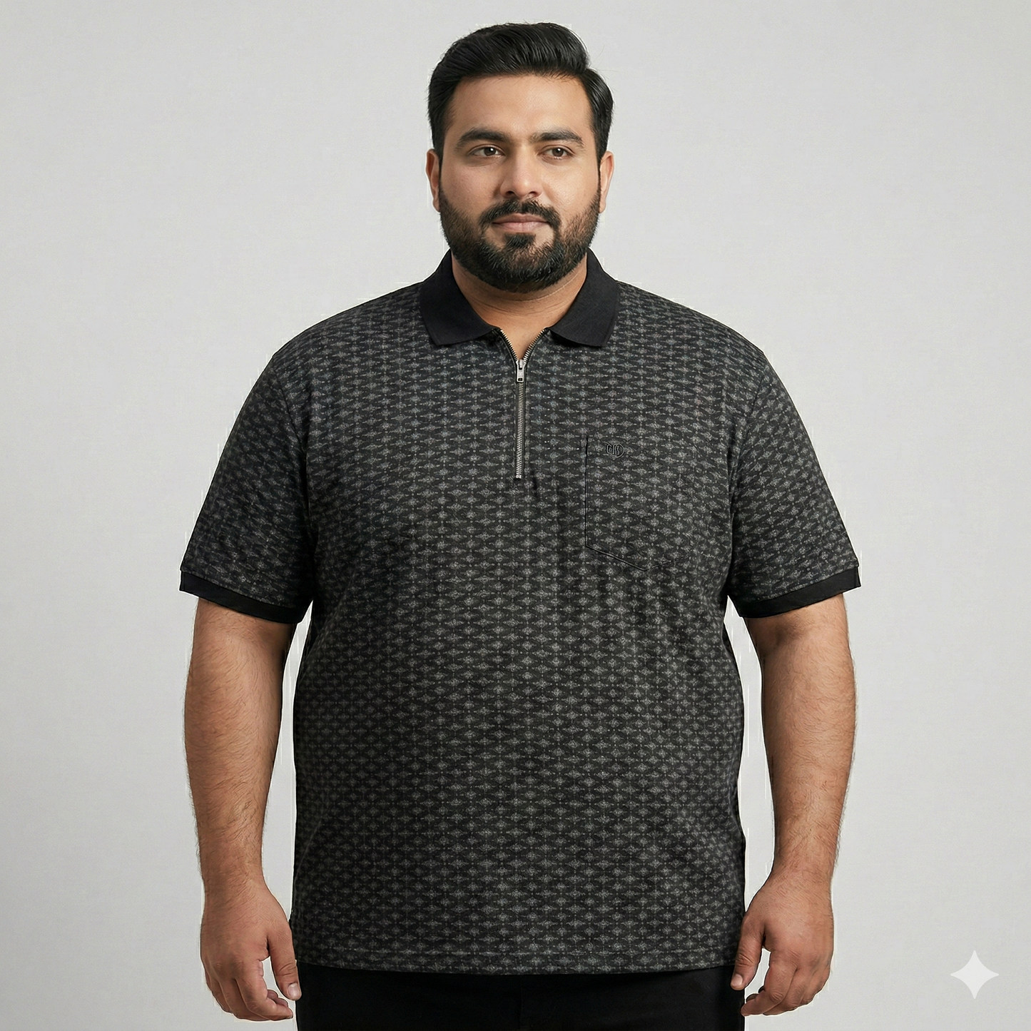 Charcoal Micro Motif Zip Neck Plus Size Polo Shirt PSM-10867