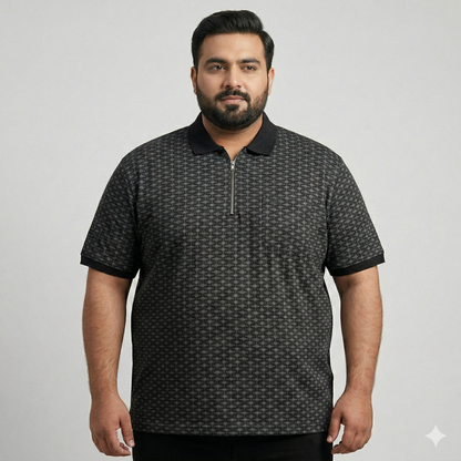 Charcoal Micro Motif Zip Neck Plus Size Polo Shirt PSM-10867
