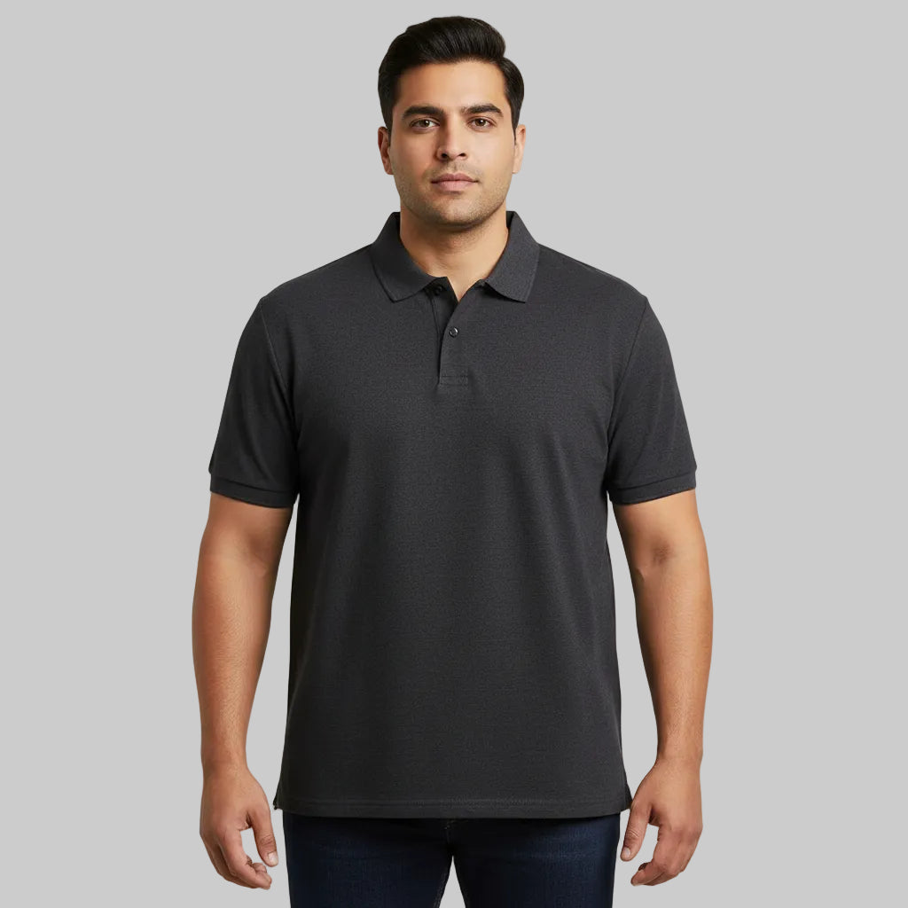 Charcoal plain polo shirt with short sleeves and classic collar front view