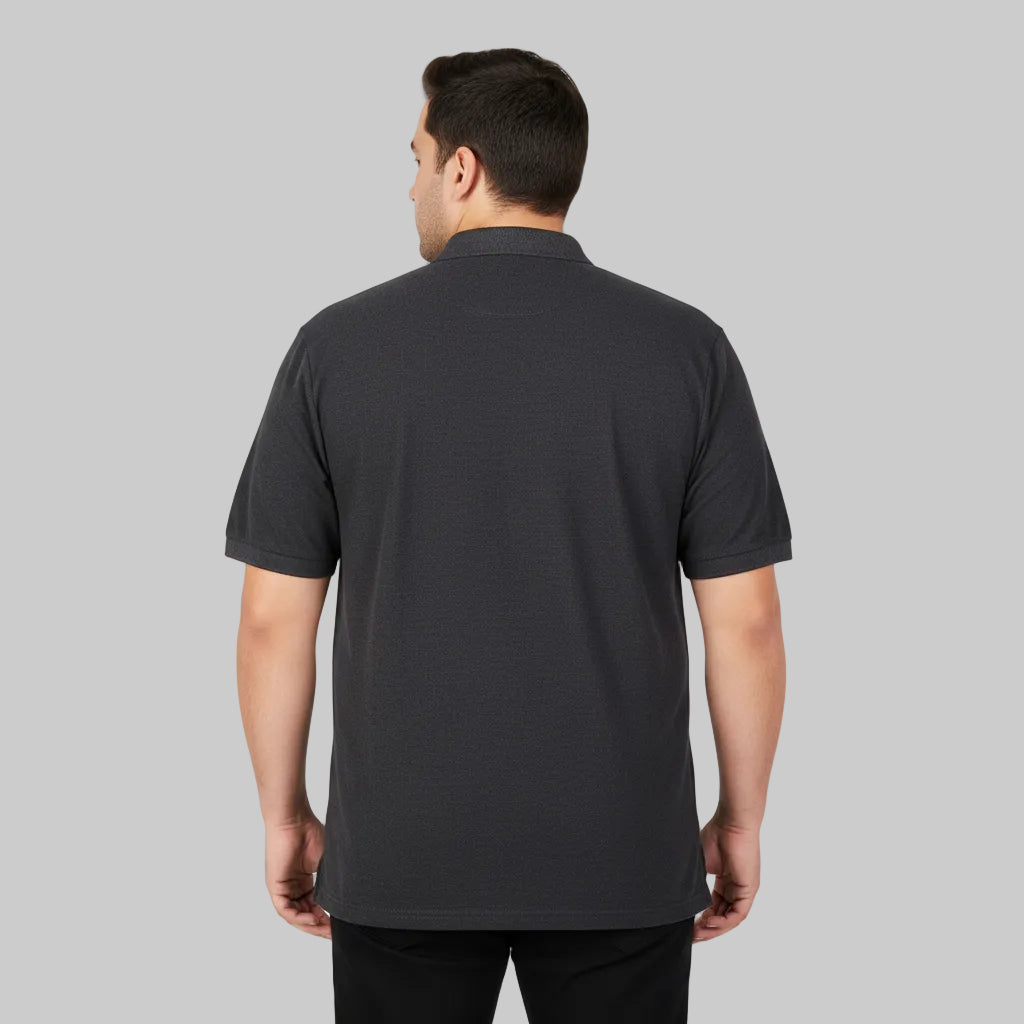 Charcoal plain polo shirt with short sleeves and classic collar front view