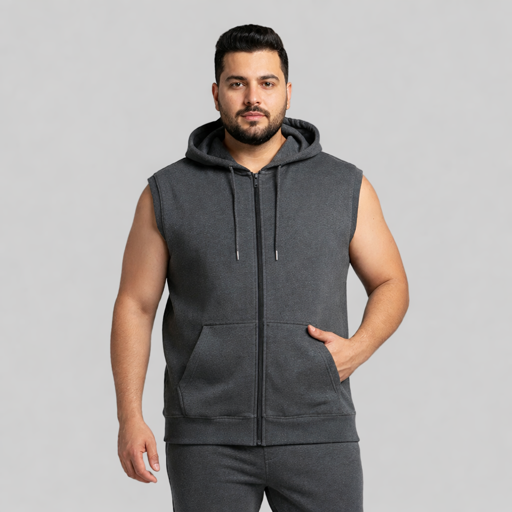 Charcoal Plus Size Sleeveless Zip-Up Fleece Hoodie PSM-10527