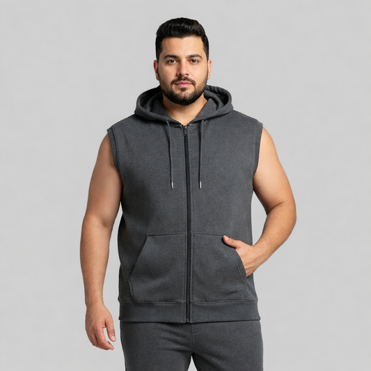 Charcoal Plus Size Sleeveless Zip-Up Fleece Hoodie PSM-10527