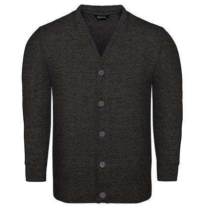 Charcoal supersoft V-neck cardigan for big and tall men with button front, ribbed cuffs, and relaxed fit shown in a clean studio image
