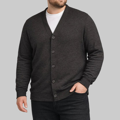 Charcoal supersoft V-neck cardigan for big and tall men with button front, ribbed cuffs, and relaxed fit shown in a clean studio image