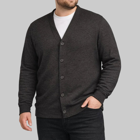 Charcoal supersoft V-neck cardigan for big and tall men with button front, ribbed cuffs, and relaxed fit shown in a clean studio image