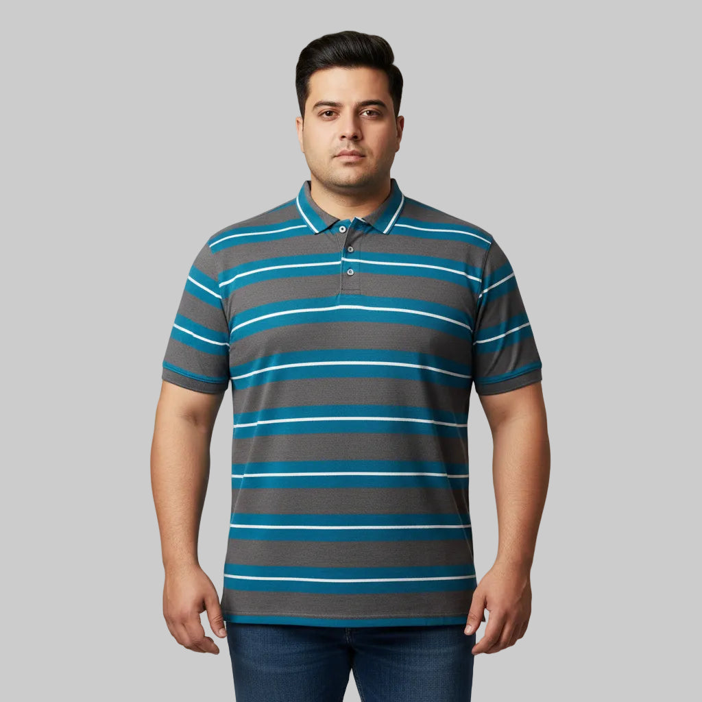 Charcoal teal horizontal stripe plus size polo shirt yarn dyed fabric front view