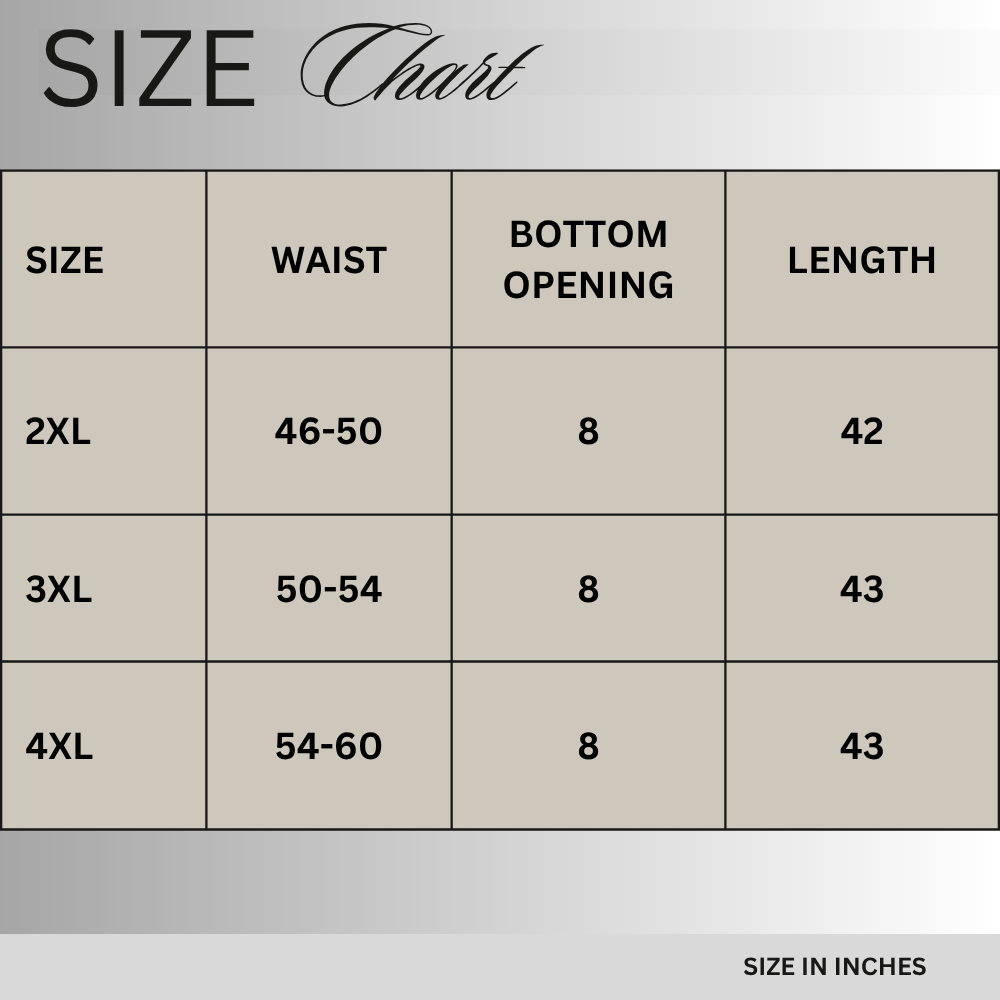 Size chart for Premium Charcoal Grey Scuba Trouser PSM-11501