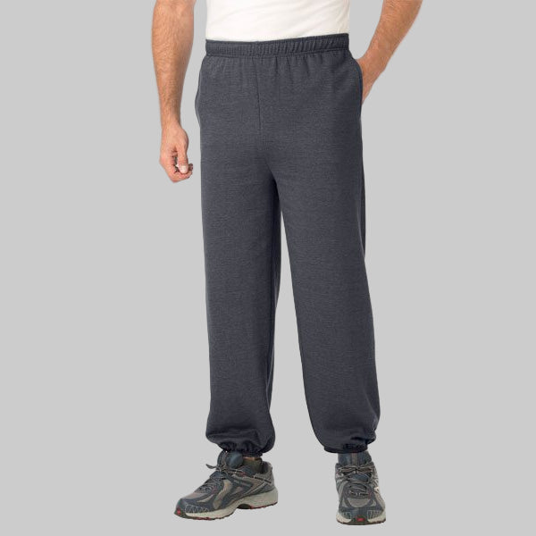 Charcoal fleece closed-bottom trouser with elastic ankle cuffs and drawstring waist displayed on a clean studio background.