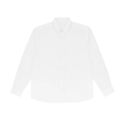 Classic white long sleeve formal shirt for plus size men with spread collar and buttoned cuffs – flat lay on white background

