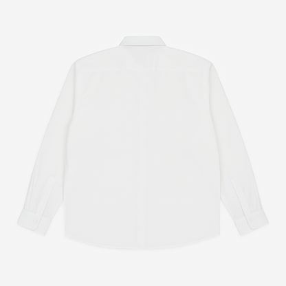 Classic white long sleeve formal shirt for plus size men with spread collar and buttoned cuffs – flat lay on white background

