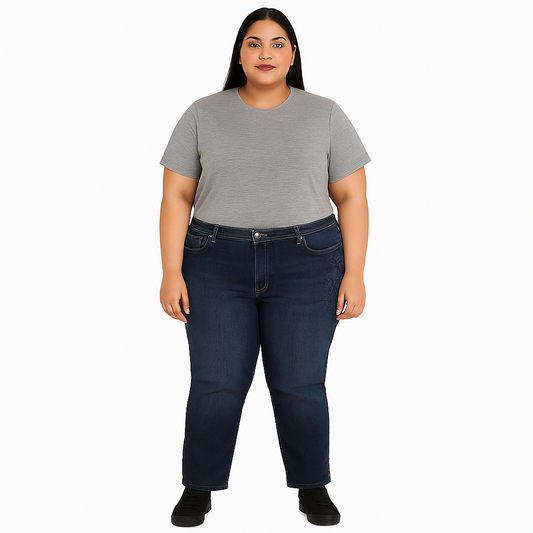 Dark Wash Plus Size Women Floral Embroidery Jeans PSW-4673