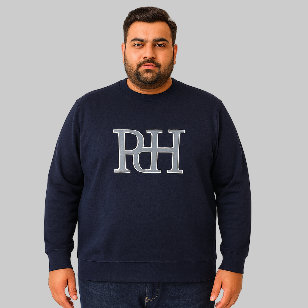 Navy Blue Terry Crewneck Sweatshirt for men with ribbed cuffs and hem — soft cotton-blend casual pullover.