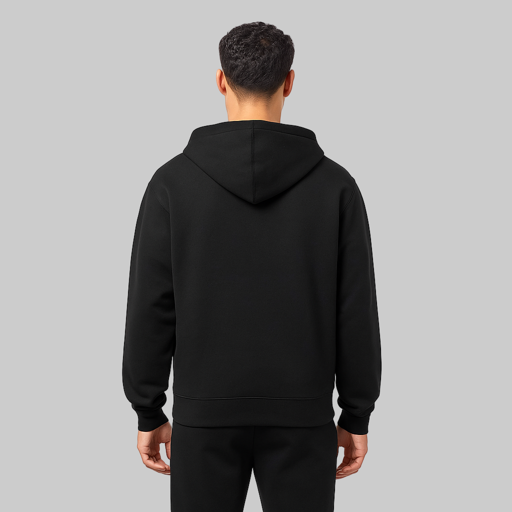 Black Full-Zip Fleece Hoodie for men with drawstring hood, zipper front, and side pockets — soft cotton-blend fleece jacket.