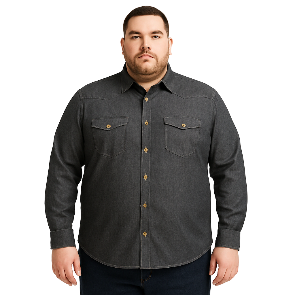 Plus-size male model wearing a charcoal denim western shirt with chest pockets, button-down front, and long sleeves, photographed in studio for e-commerce.