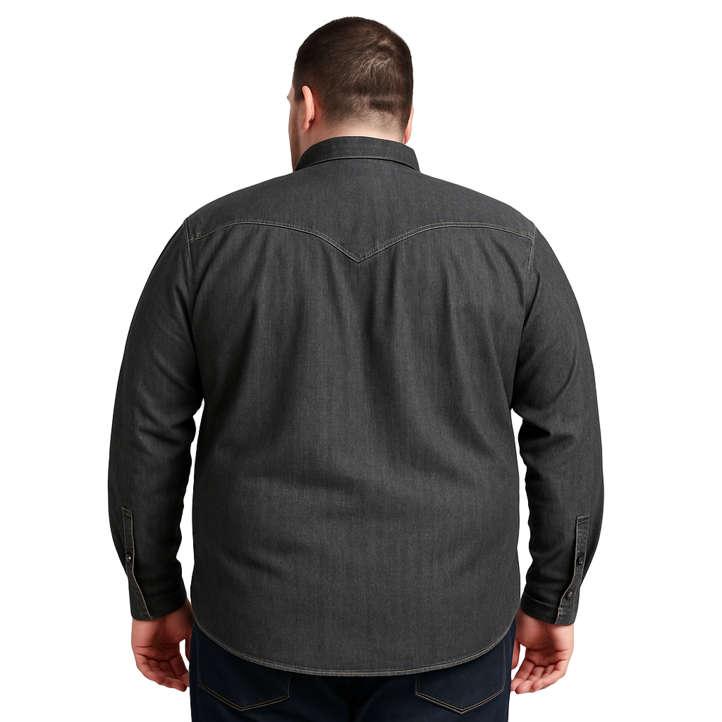 Plus-size male model wearing a charcoal denim western shirt with chest pockets, button-down front, and long sleeves, photographed in studio for e-commerce.
