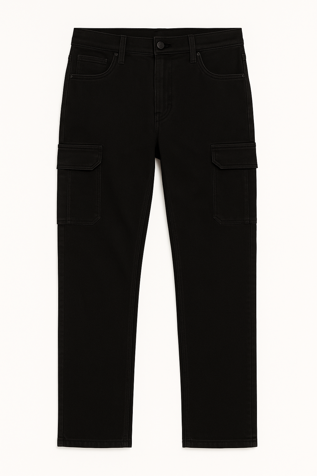 Folded flat lay of King Black Cargo Regular Stretch Jeans with tags