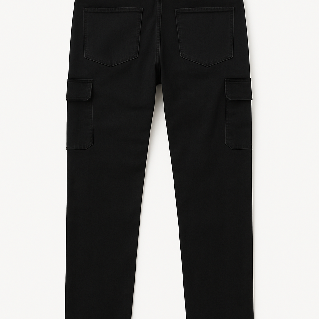 Folded flat lay of King Black Cargo Regular Stretch Jeans with tags