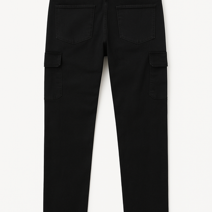 Folded flat lay of King Black Cargo Regular Stretch Jeans with tags