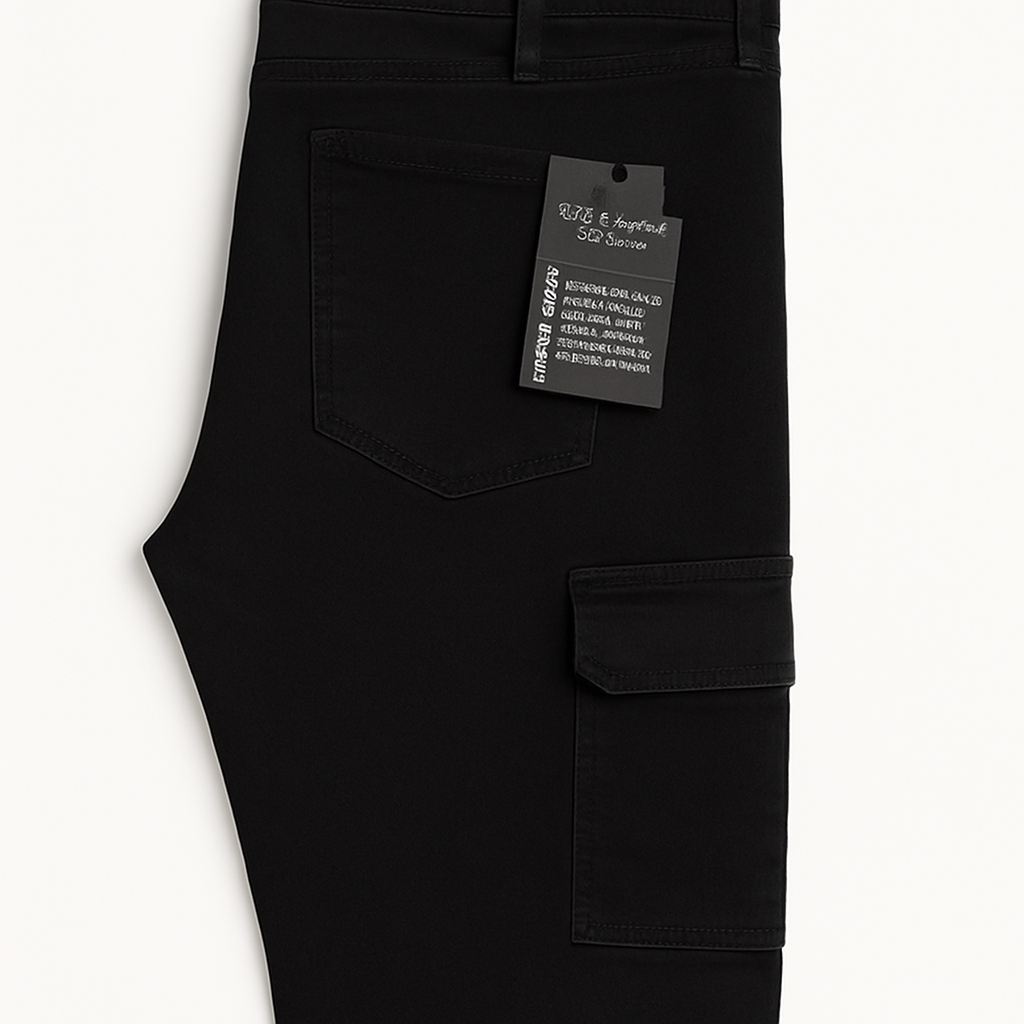 Folded flat lay of King Black Cargo Regular Stretch Jeans with tags
