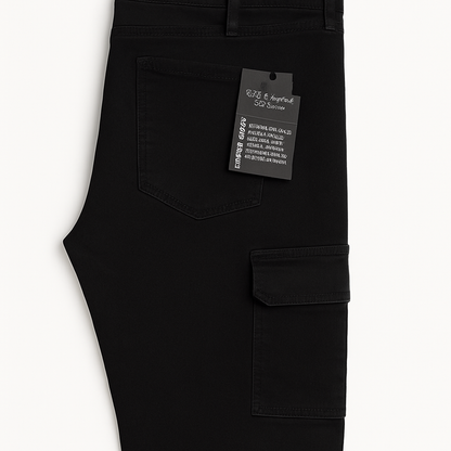 Folded flat lay of King Black Cargo Regular Stretch Jeans with tags