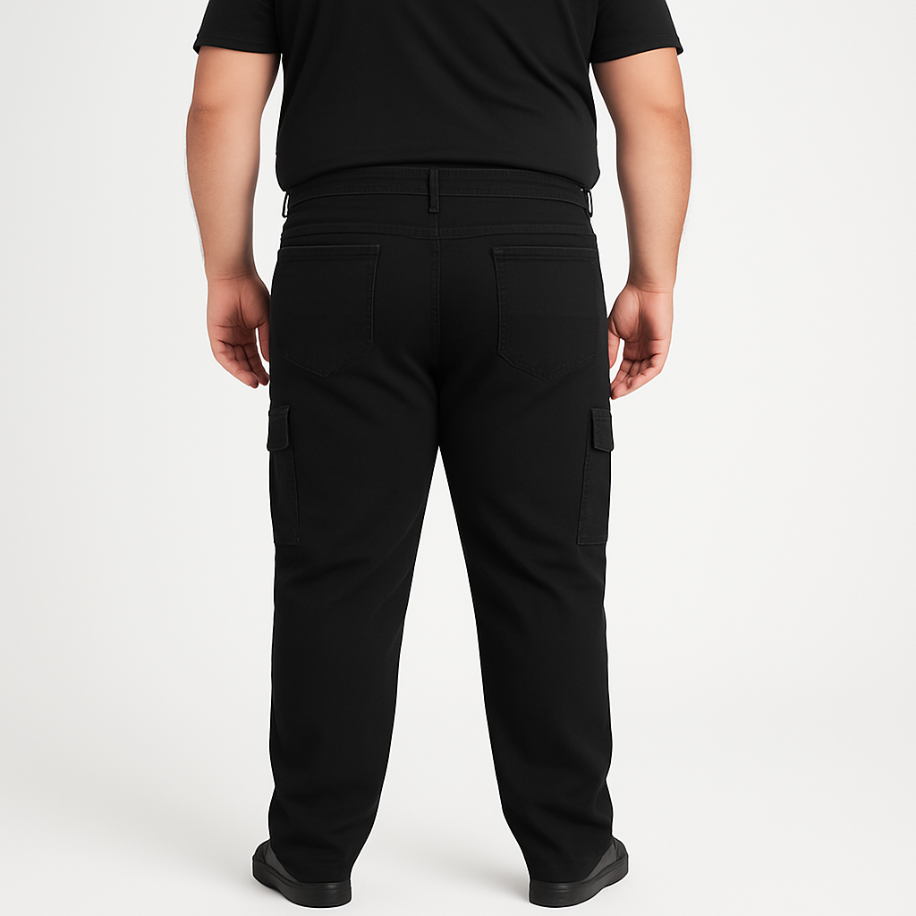 Folded flat lay of King Black Cargo Regular Stretch Jeans with tags