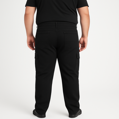 Folded flat lay of King Black Cargo Regular Stretch Jeans with tags