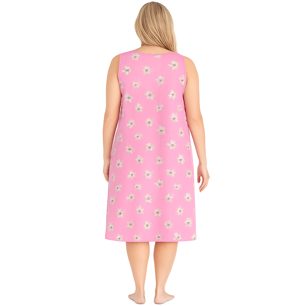 Women’s sleeveless sleepshirt in spring blossom print, soft cotton knit fabric, 40-inch length, relaxed fit, and breathable comfort for sleep or lounging
