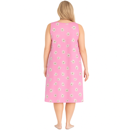 Women’s sleeveless sleepshirt in spring blossom print, soft cotton knit fabric, 40-inch length, relaxed fit, and breathable comfort for sleep or lounging