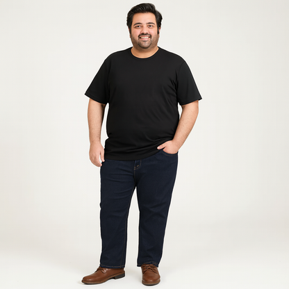 Indigo blue straight fit jeans with back pocket and leather label