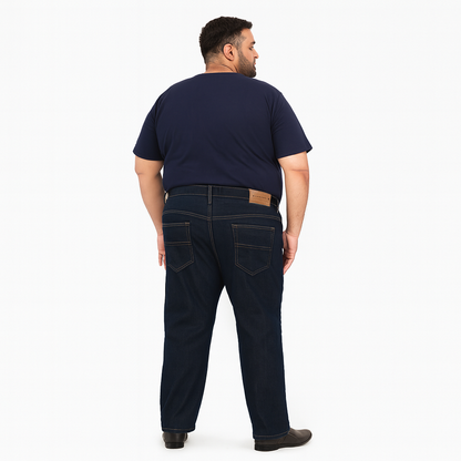 Indigo blue straight fit jeans with back pocket and leather label