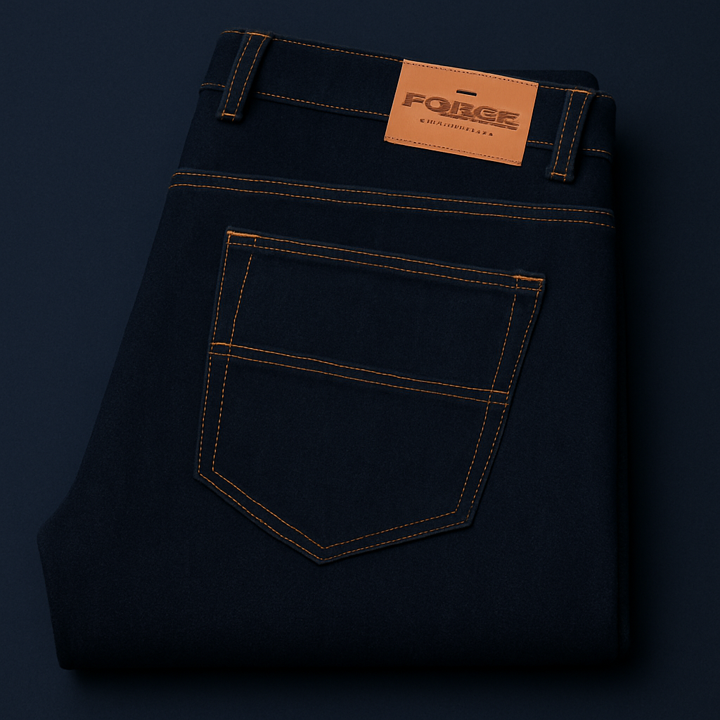 Indigo blue straight fit jeans with back pocket and leather label
