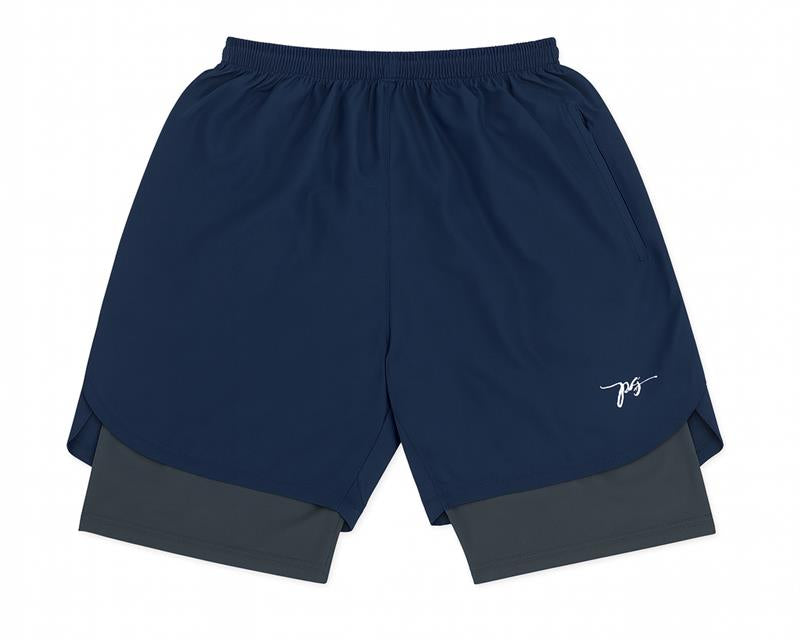 Plus-size male model wearing navy blue hybrid double-layer performance shorts with white t-shirt and sneakers