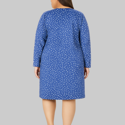 Plus size woman wearing a Blue Polka Dot Long Sleeve Sleepshirt, knee length with long sleeves, cotton jersey fabric.