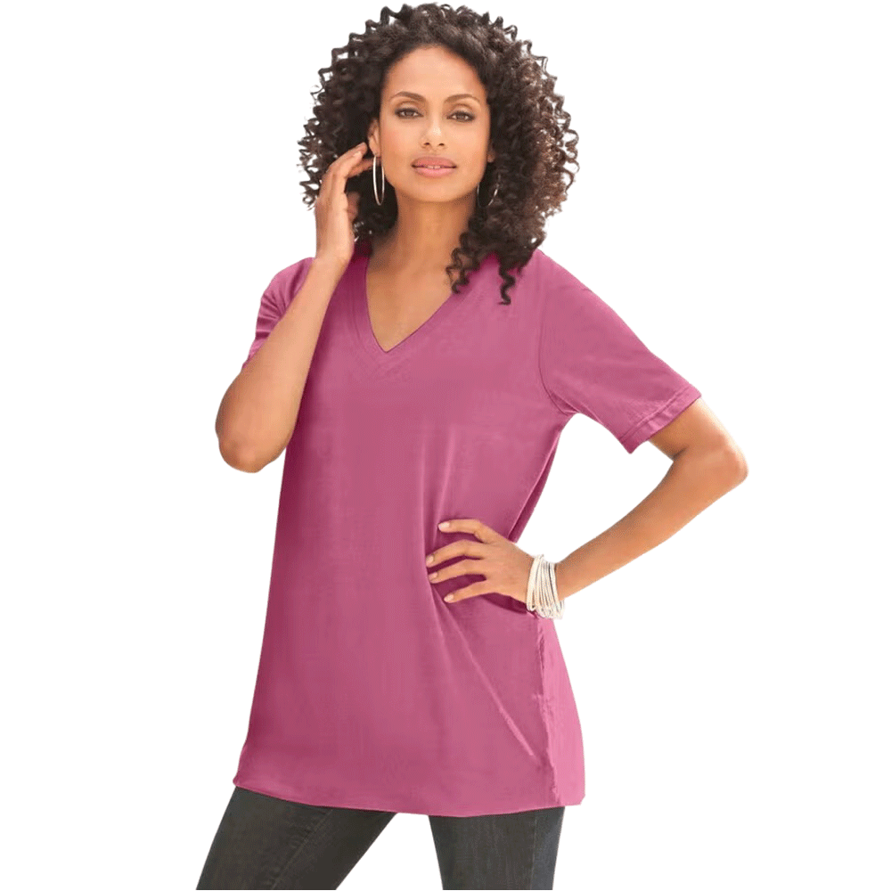 Cherry glow V-neck tee with a relaxed fit, made from soft knit fabric, shown on a plus-size mannequin.