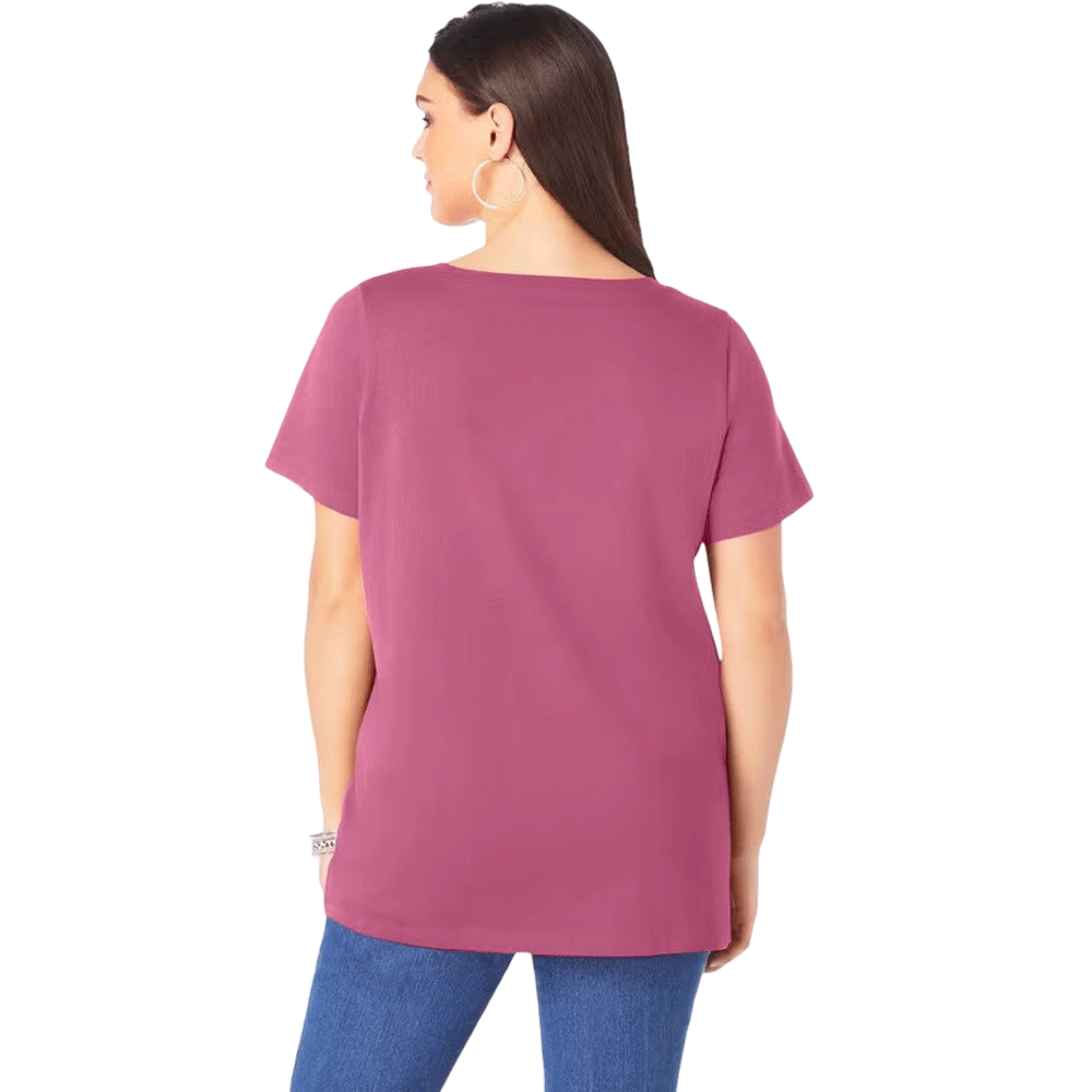 Cherry glow V-neck tee with a relaxed fit, made from soft knit fabric, shown on a plus-size mannequin.