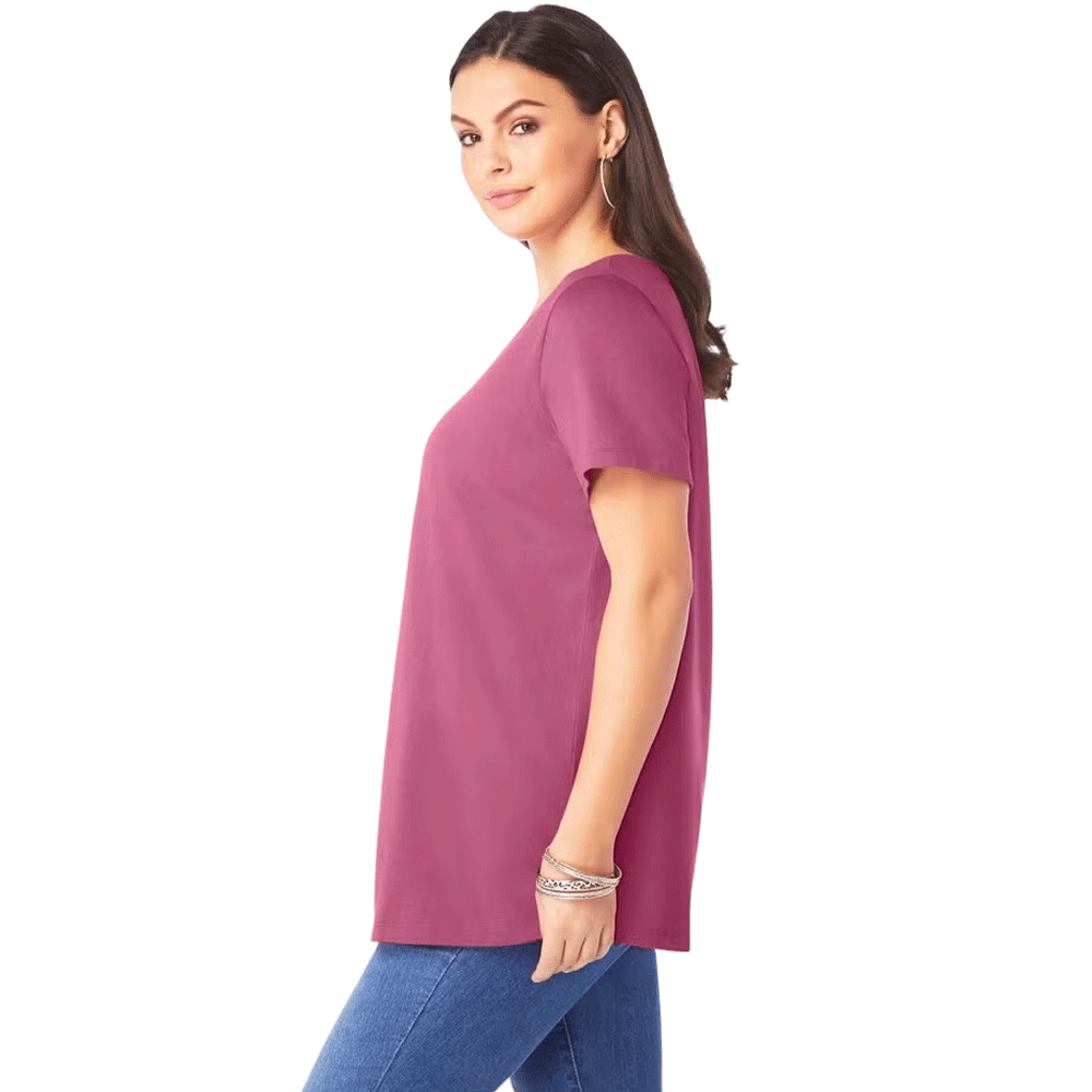 Cherry glow V-neck tee with a relaxed fit, made from soft knit fabric, shown on a plus-size mannequin.