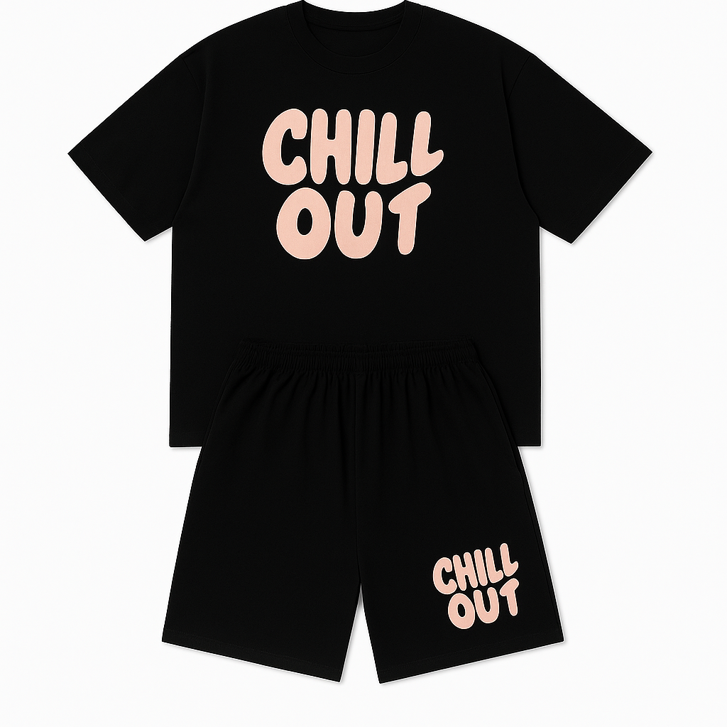 Chill Out plus-size shorts set for men featuring a relaxed fit, soft breathable fabric, and matching top and shorts designed for comfort and everyday casual wear