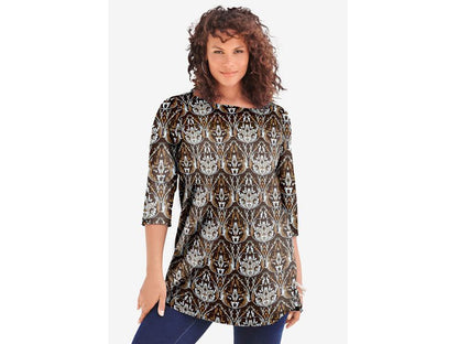 Chocolate Lattice Medallion Boatneck Ultimate Tunic with Side Slits PSW-6946