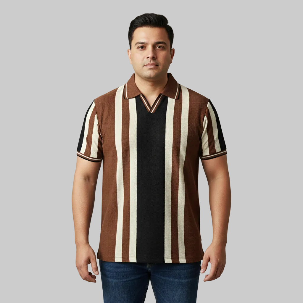 Chocolate brown and black vertical stripe polo t-shirt worn by a male model, featuring a classic collar and short sleeves on a studio background