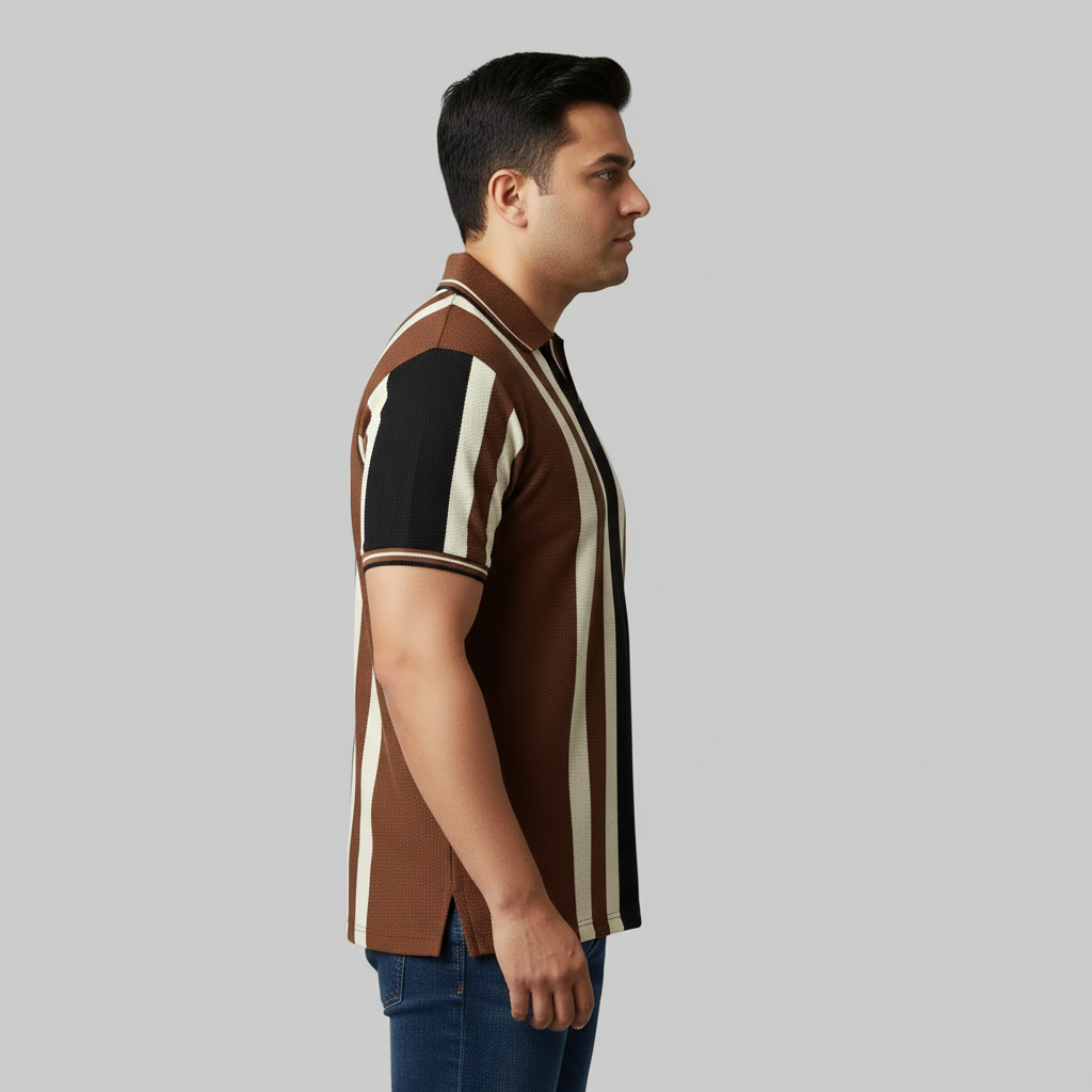 Chocolate Brown & Black Vertical Stripe Polo T-Shirt PSM-10664
