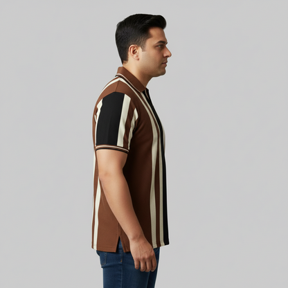 Chocolate Brown & Black Vertical Stripe Polo T-Shirt PSM-10664