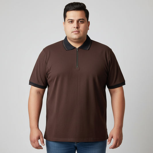 Chocolate Brown Zip Neck Contrast Collar Plus Size Polo Shirt PSM-10886