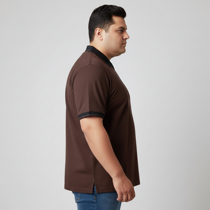 Chocolate Brown Zip Neck Contrast Collar Plus Size Polo Shirt PSM-10886