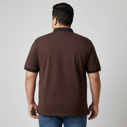 Chocolate Brown Zip Neck Contrast Collar Plus Size Polo Shirt PSM-10886